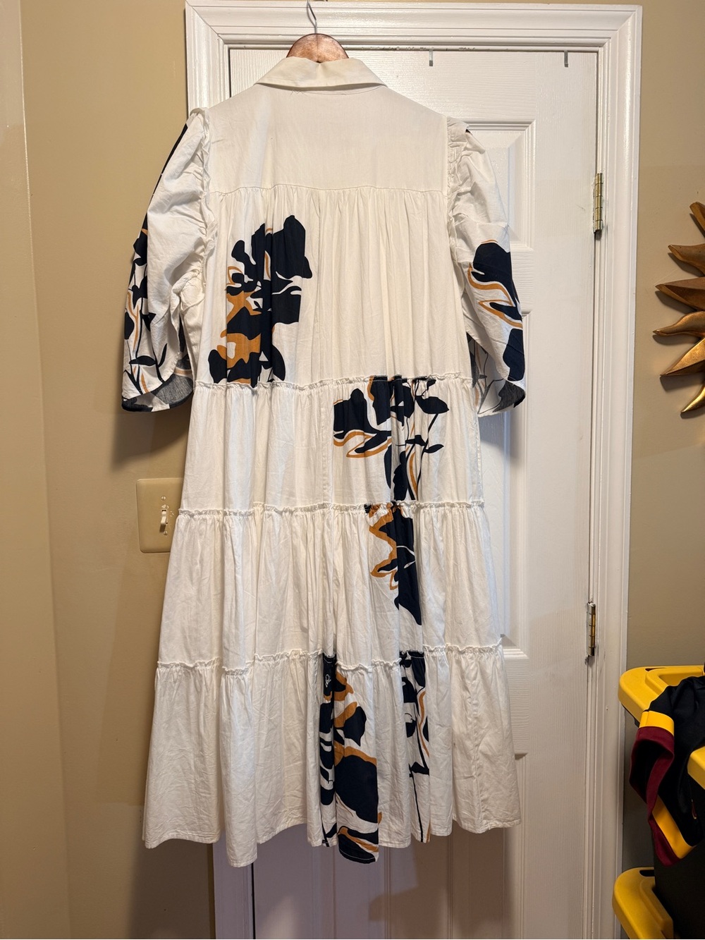 Anthropologie White Midi Dress with Navy and Tan Floral Panels - Picture 2 of 4